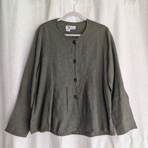 Flax Olive Green Linen Button Front Pleated Long Sleeve Top Blouse Lagenlook